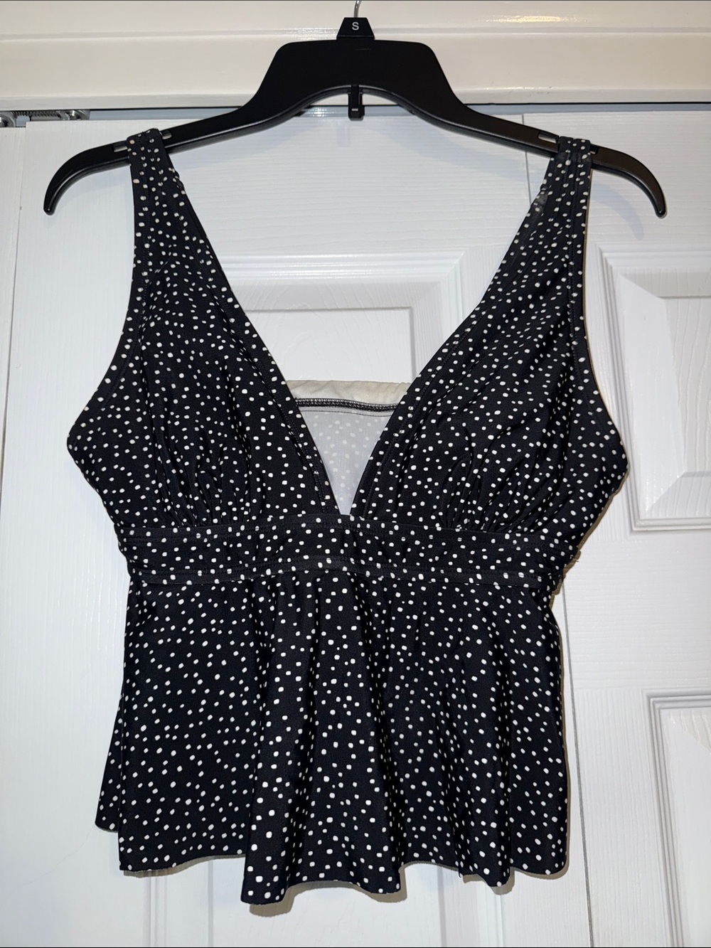 Women’s Black White Polka Dot V-Neck Peplum Tankini Top